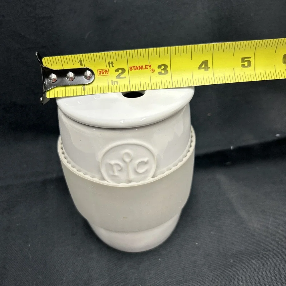 Pampered Chef White Ceramic Egg Cooker Cup Lid with Gray Silicone Sleeve #1529